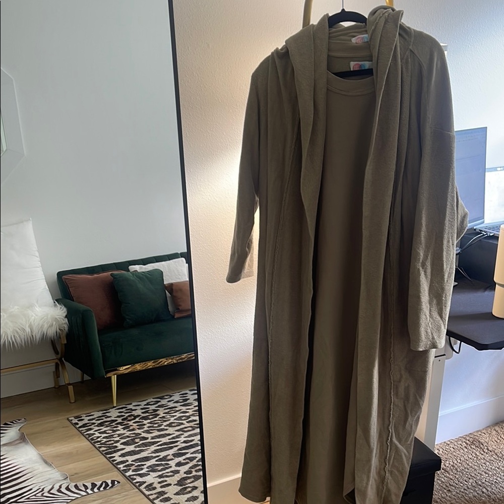 Free People Beach “Coziest Set” Olive Maxi Dress/Cardigan